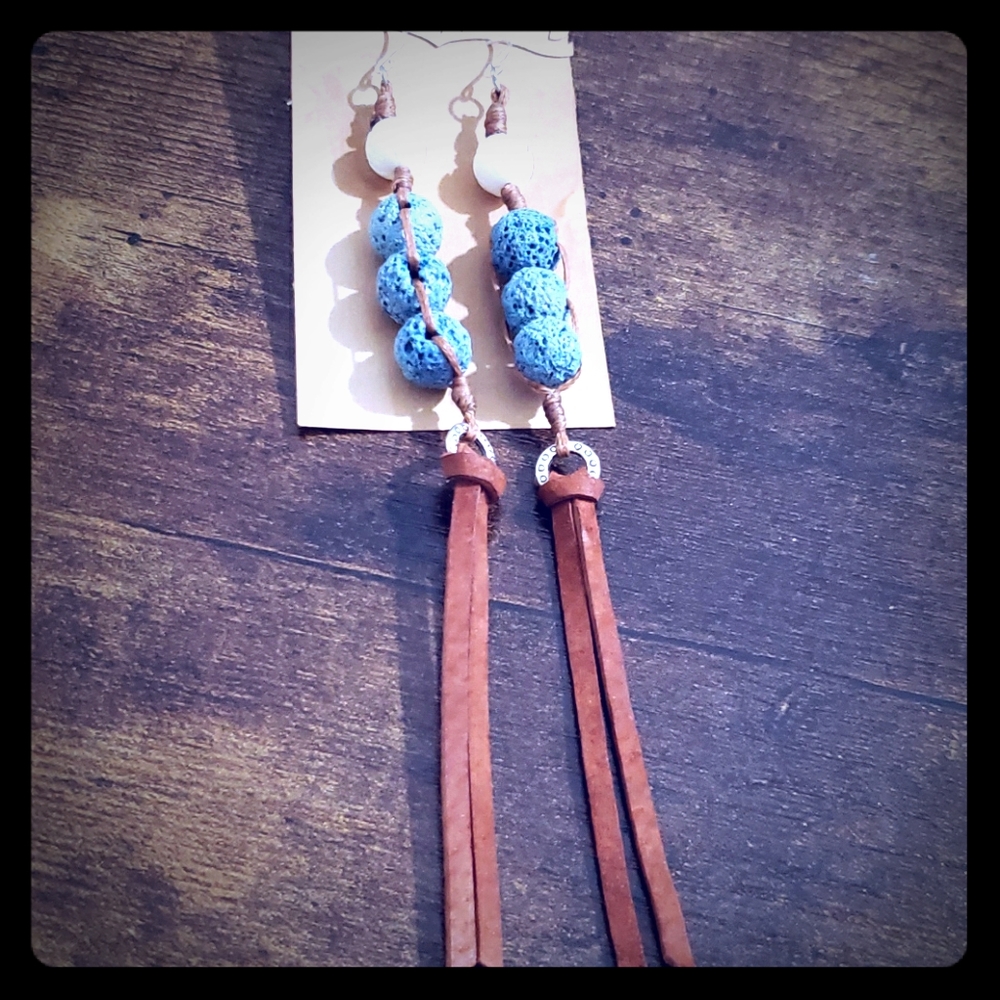Blue white leather drop boho earrings statement